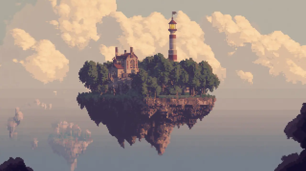 hand-drawn pixel-art scene: a floating island carrying a house and a lighthouse through the clouds