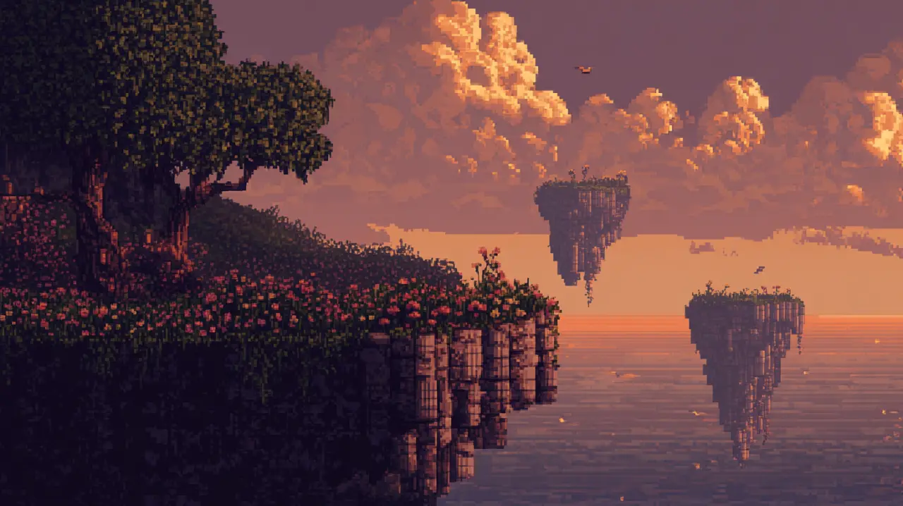 hand-drawn pixel-art scene: a cliff of flowers at sunset with islands floating over the sea