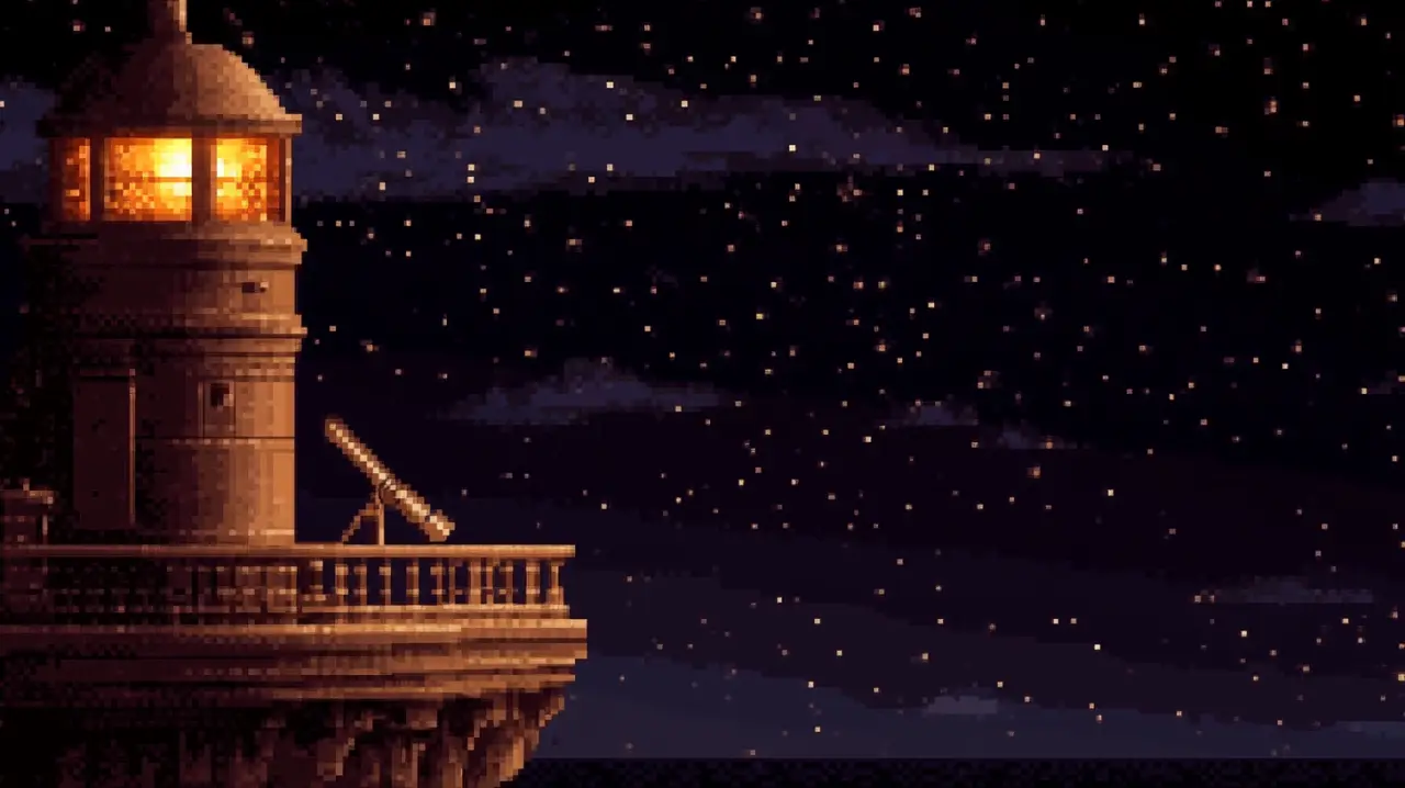 hand-drawn pixel-art scene: a lighthouse at night with a telescope under a field of stars